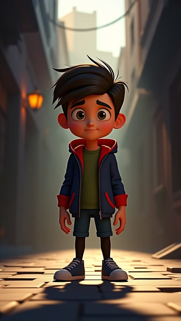  pixar style 3d animation, determined liam surrounded by swirling shadows, shadowy alley background, dynamic lighting, vibrant colors, detailed textures