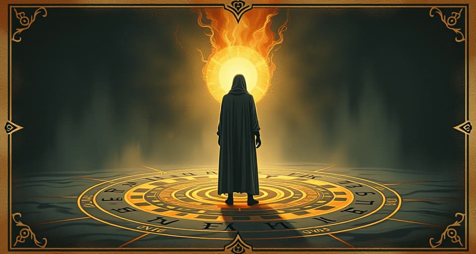  figure with a glowing aura standing in the center of an ancient ritual circle, runes glowing on the ground, mystical energy swirling, expression of readiness, powerful and determined atmosphere. an illustration in the style of a worn, mystical old tarot trump card, mysterious and elements of surrealism. the colors are muted, somber and eerie, but with contrast bring out an occult and esoteric vibe.