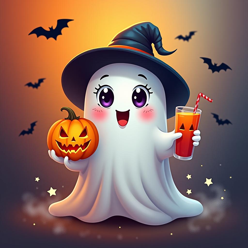  create a digital painting featuring a cute ghost character. the ghost should be wearing a hat. in one hand, the ghost should hold a pumpkin with a carved face, and in the other hand, a halloween themed drink. the background should be colorfull and include small black bats and stars to add a playful halloween touch. the overall style should be cute, whimsical, and colorful hyperrealistic, full body, detailed clothing, highly detailed, cinematic lighting, stunningly beautiful, intricate, sharp focus, f/1. 8, 85mm, (centered image composition), (professionally color graded), ((bright soft diffused light)), volumetric fog, trending on instagram, trending on tumblr, HDR 4K, 8K