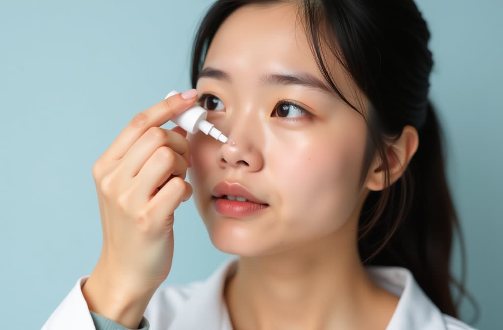  health care concept, eye problem asian young woman applying, using medical eye drops to treat dry eye and irritation, suffering from irritated eye dry eyes or inflammation, allergy optical symptom. ar 3:2 {prompt}, maximum details