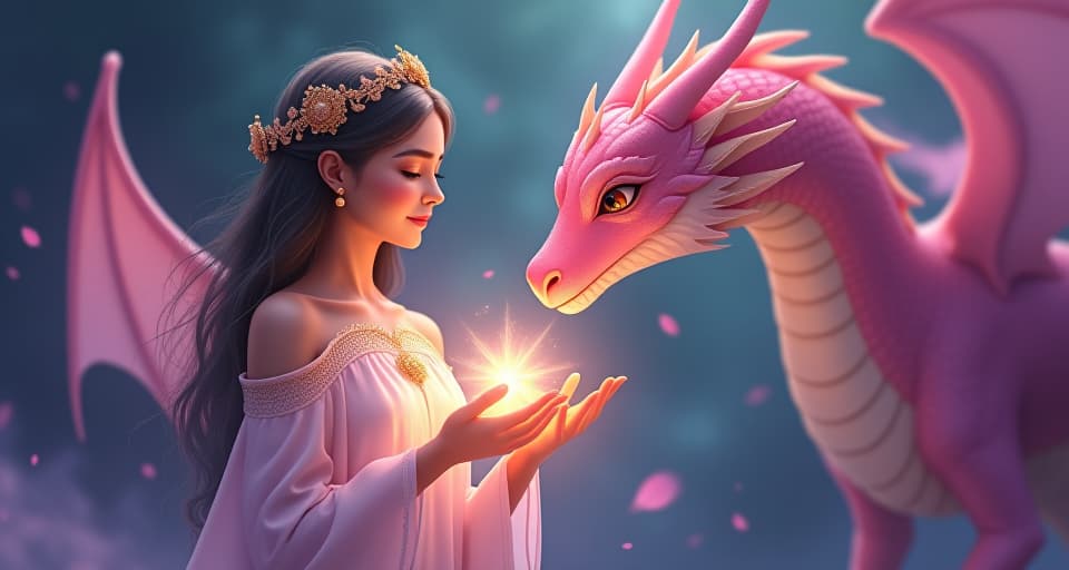  the chosen one illuminated in a soft light, healing energies flow from their hands, while the pink dragon watches protectively, ensuring they access their unique gifts and abilities. the style is digital art illustration,highly detailed, whimsical,magical, dreamlike atmosphere, realism and fantasy blend, smooth, glossy textures,luminous quality, wonder and enchantment.