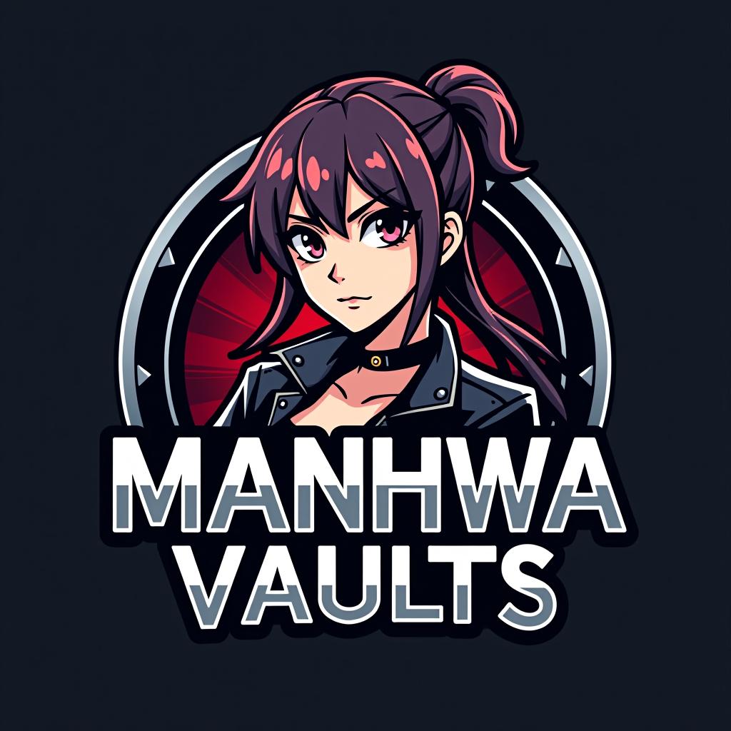  good quality, high quality, "manhwa vaults" logo design, incorporating a manga style hot with expressive eyes and detailed hair, positioned beside the text. the is dressed in a modern, edgy outfit, adding flair to the design. the font is sleek and angular, with metallic accents to emphasize the "vault" concept.