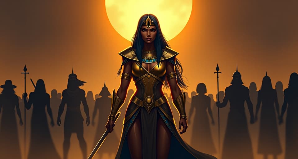  a resolute warrior queen, large busted, in tight, dazzling armor, standing firm before a horde of shadows, fearless and unyielding atmosphere. the style is digital art illustration / modern comic book / mysterious occult, symbolic, esoteric vibe,high detail on character design, incorporating ancient egyptian symbology and attire.