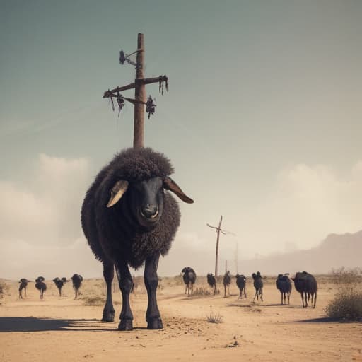 One black sheep towering over a small group of pirates in the desert. The pirates are scared and the sheep must be frizzy and realistic but its legs should resemble telephone poles in height. in Steampunk style