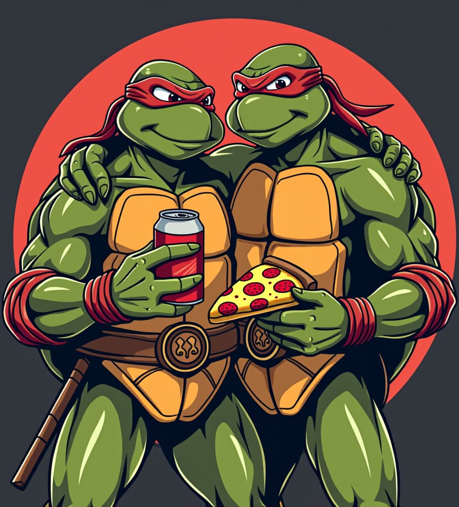  a retro styled, illustration of original comic rocksteady from ninja turtles with his arm around leonardo from ninja turtles. rock steady should have a can of beer in his hand and leonardo should have a slice of pizza.