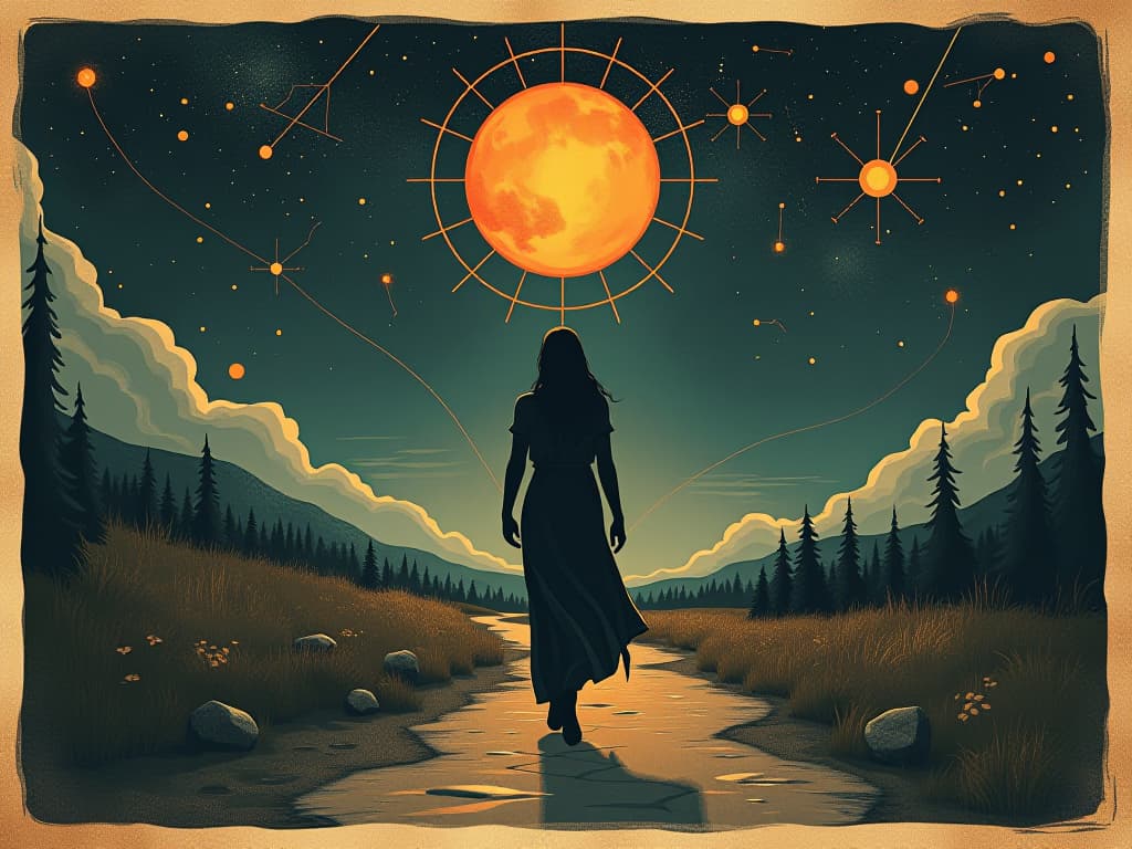  figure walking on a predestined path, constellations above, guiding lights, alignment, serenity. an illustration in the style of a worn, mystical old tarot trump card, mysterious and elements of surrealism. the colors are muted, somber and eerie, but with contrast bring out an occult and esoteric vibe.