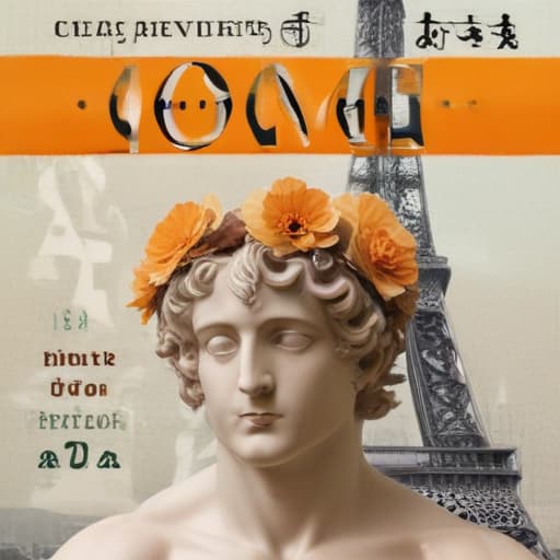 Book cover of book entitled LUDOVIC (in a vogue type font at top of page) a romance novel cult book cover aesthetic, with a collage below the title LUDOVIC featuring : a bacchus head like a Roman statue, a champagne glass, keith baring flower head drawing, and an Eiffel Tower in Mythological style with City background