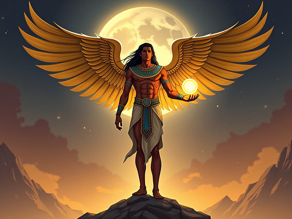  winged figure standing tall in a celestial realm, glowing orb in hand, air of divinity and heritage. the style is digital art illustration / modern comic book / mysterious occult, symbolic, esoteric vibe,high detail on character design, incorporating ancient egyptian symbology and attire.