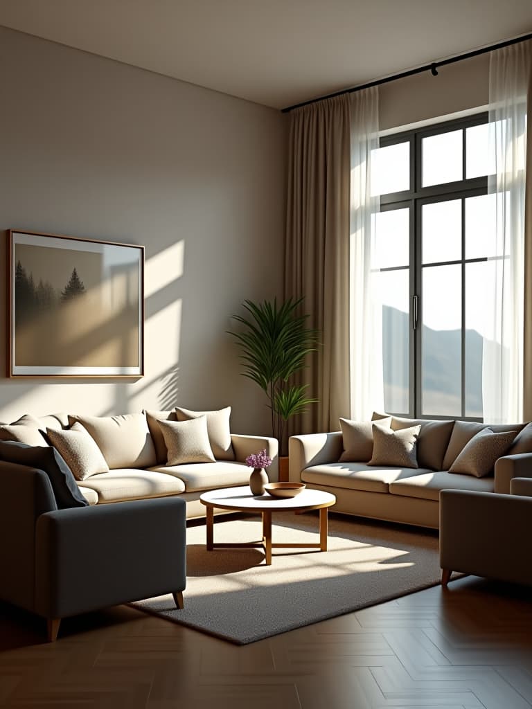  high quality portrait photo of a cozy living room with a large window, natural light streaming in, highlighting a minimalist arrangement of furniture and tasteful decor accents hyperrealistic, full body, detailed clothing, highly detailed, cinematic lighting, stunningly beautiful, intricate, sharp focus, f/1. 8, 85mm, (centered image composition), (professionally color graded), ((bright soft diffused light)), volumetric fog, trending on instagram, trending on tumblr, HDR 4K, 8K