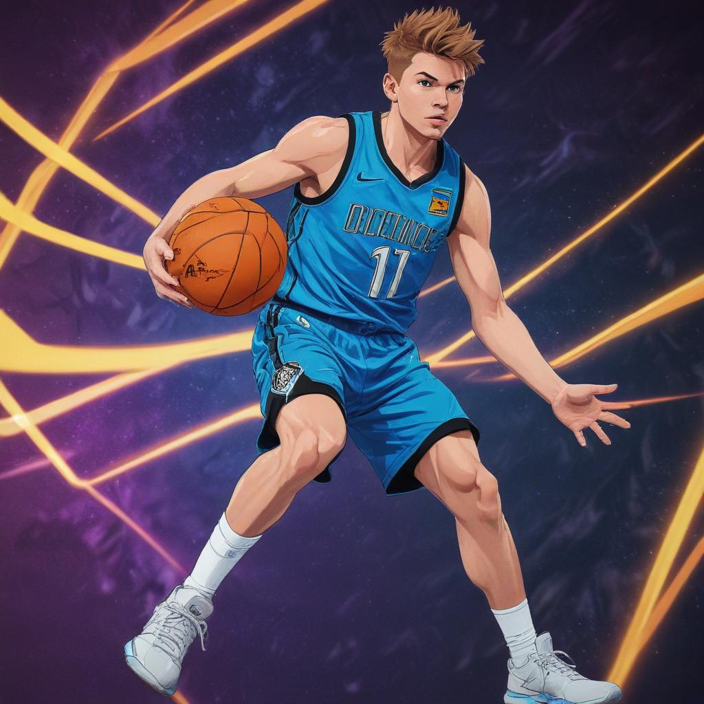 distance-shot, flashy, full-body, dynamic, holographic, animated cartoon poster of luka doncic in the style of dragon ball super