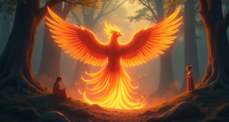  a radiant phoenix rising from gentle embers, magical forest backdrop, ethereal beings watching from shadows – signifying planting a seed of potential growth, inspiring.. the style is digital art illustration,highly detailed, whimsical,magical, dreamlike atmosphere, realism and fantasy blend, smooth, glossy textures,luminous quality, wonder and enchantment.