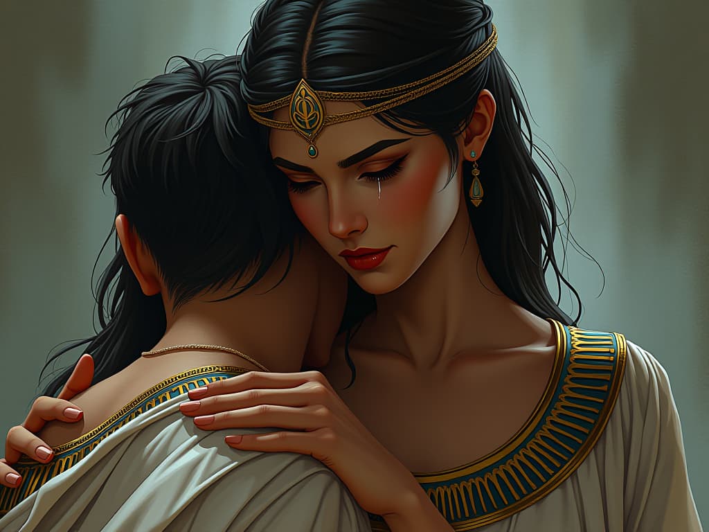  a close up of the goddess isis, large busted, in sheer linen, tear rolling down her cheek, hand resting on the shoulder of a grieving figure, symbolizing moments of empathy. the style is digital art illustration / modern comic book / mysterious occult, symbolic, esoteric vibe,high detail on character design, incorporating ancient egyptian symbology and attire.