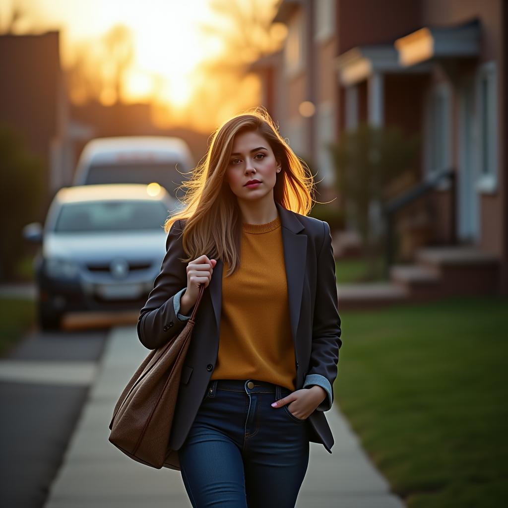  a tired woman is walking home from work.