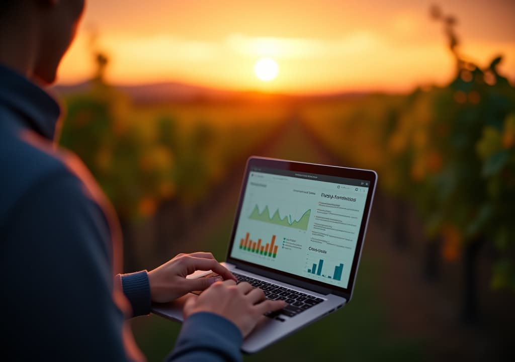  modern agriculture technology with a person using a laptop to analyze data on sustainable farming practices at sunset in a vineyard, high quality, high details, hd, perfect composition, 4k epic detailed, highly detailed, sharp focus, high resolution