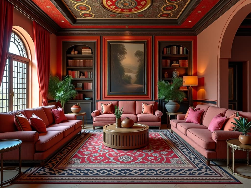  capture a stunningly beautiful, hyperrealistic 8k photograph of a large living room designed in moroccan style, characterized by vibrant, rich colors, intricate patterns, and an exotic atmosphere. the photo should showcase dense furnishings and decorations, maintaining symmetrical balance and sharp focus throughout. utilize a wide point of view to emphasize the gathering space meant for relaxation and entertainment. employ bright, soft, diffused light and hdr to enhance the visual impact. ensure the image is professionally color graded, unedited in raw format, to preserve the intricate, highly detailed aesthetic.