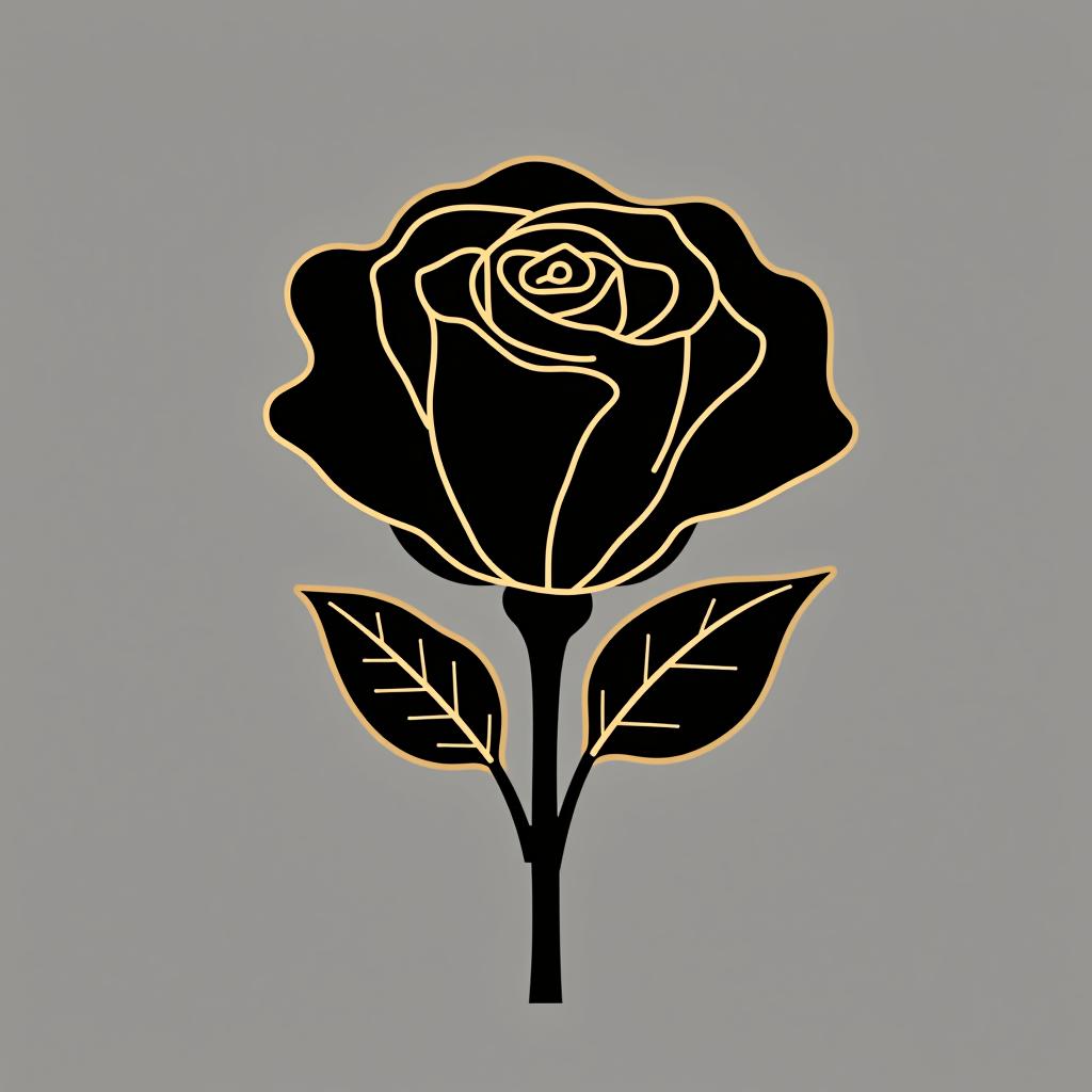  minimal line logo of a rose, vector, gold lines and black background