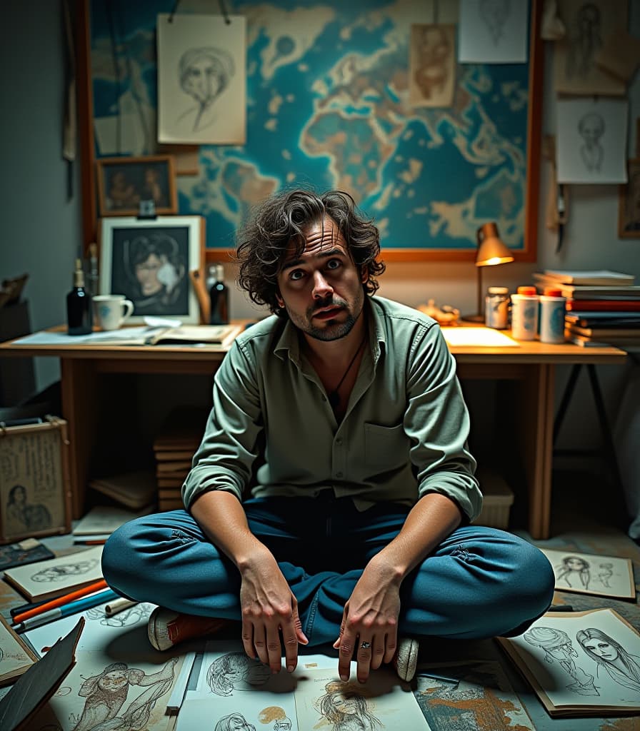  (masterpiece, uhd, surreal art:1.3), exhausted artist, disheveled hair, (deep set tired eyes:1.2), (ink stained hands:1.1), (frayed shirt, worn jeans:1.1), drowning in a chaotic sea of drawings and sketches, (crumpled papers:1.2), scattered art supplies, ink bottles, and brushes, overwhelmed expression, (dimly lit studio:1.2), walls plastered with unfinished art, the scent of paint lingering, cluttered desk with coffee stains, warm ambient light casting shadows, melancholic atmosphere, sense of despair and creativity, looking at viewer, dynamic angle, poignant reflection on the struggle of artistry. hyperrealistic, full body, detailed clothing, highly detailed, cinematic lighting, stunningly beautiful, intricate, sharp focus, f/1. 8, 85mm, (centered image composition), (professionally color graded), ((bright soft diffused light)), volumetric fog, trending on instagram, trending on tumblr, HDR 4K, 8K