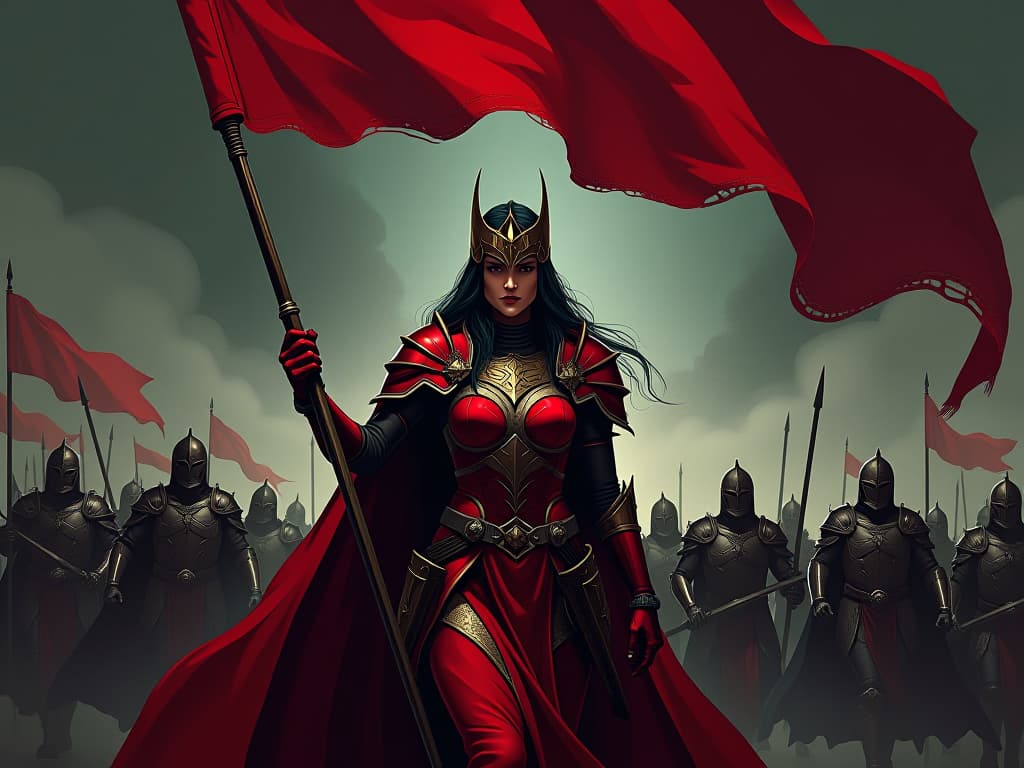  warrior queen in red armor, leading an army, banner of courage flying high. the style is digital art illustration / modern comic book / graphic dark novel fantasy and mysterious occult, symbolic, moody lighting, esoteric vibe,high detail on character design. for the color scheme emphasize blacks and reds.