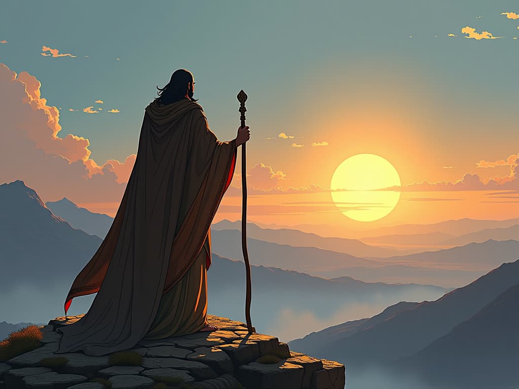  ancient sage, male, with long flowing robes and a staff, standing atop a mountain peak, gazing into the horizon, flanked by ethereal prophets, aura of sage like insight. the style is digital art illustration / modern comic book / mysterious occult, symbolic, esoteric vibe,high detail on character design, incorporating ancient egyptian symbology and attire.