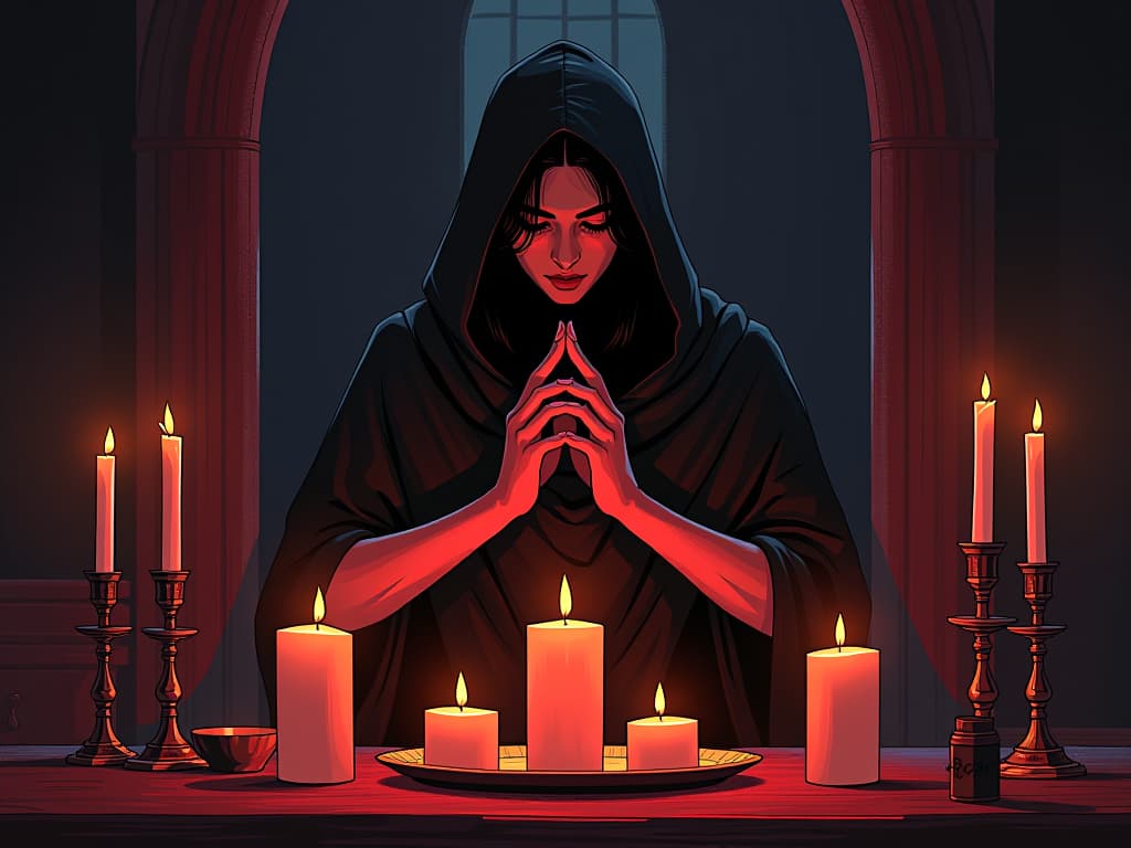  a figure anointing themselves with sacred oils, soft glow of candles around, ritualistic and protective feel. the style is digital art illustration / modern comic book / graphic dark novel fantasy and mysterious occult, symbolic, moody lighting, esoteric vibe,high detail on character design. for the color scheme emphasize blacks and reds.