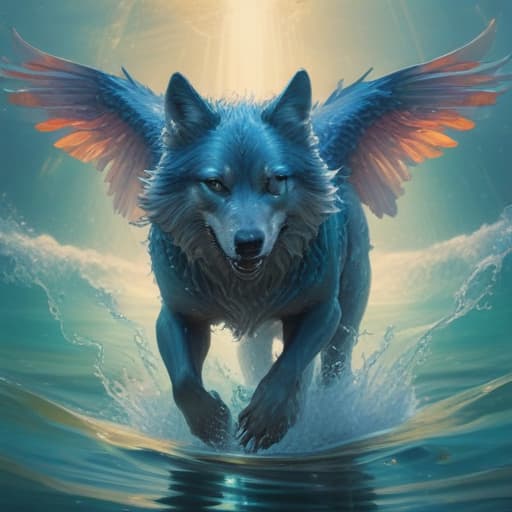 In a mystical underwater realm, a majestic creature emerges from the depths. The Water Winged Flying Wolf soars through the crystal-clear waters, its iridescent scales shimmering in the sunlight filtering through the waves. With wings spread wide, it gracefully navigates the ocean currents, a symbol of grace and power. The wolf's eyes glow with magic as it dives towards the ocean floor, ready to protect its underwater kingdom from any threat. Let your imagination take flight with this stunning digital art piece. fantastical creatures or characters inspired by mythology, folklore, or popular culture. use vibrant colors, sharp lines, intricate details, dynamic poses, dramatic lighting, atmospheric backgrounds, and blend anime, manga, and West