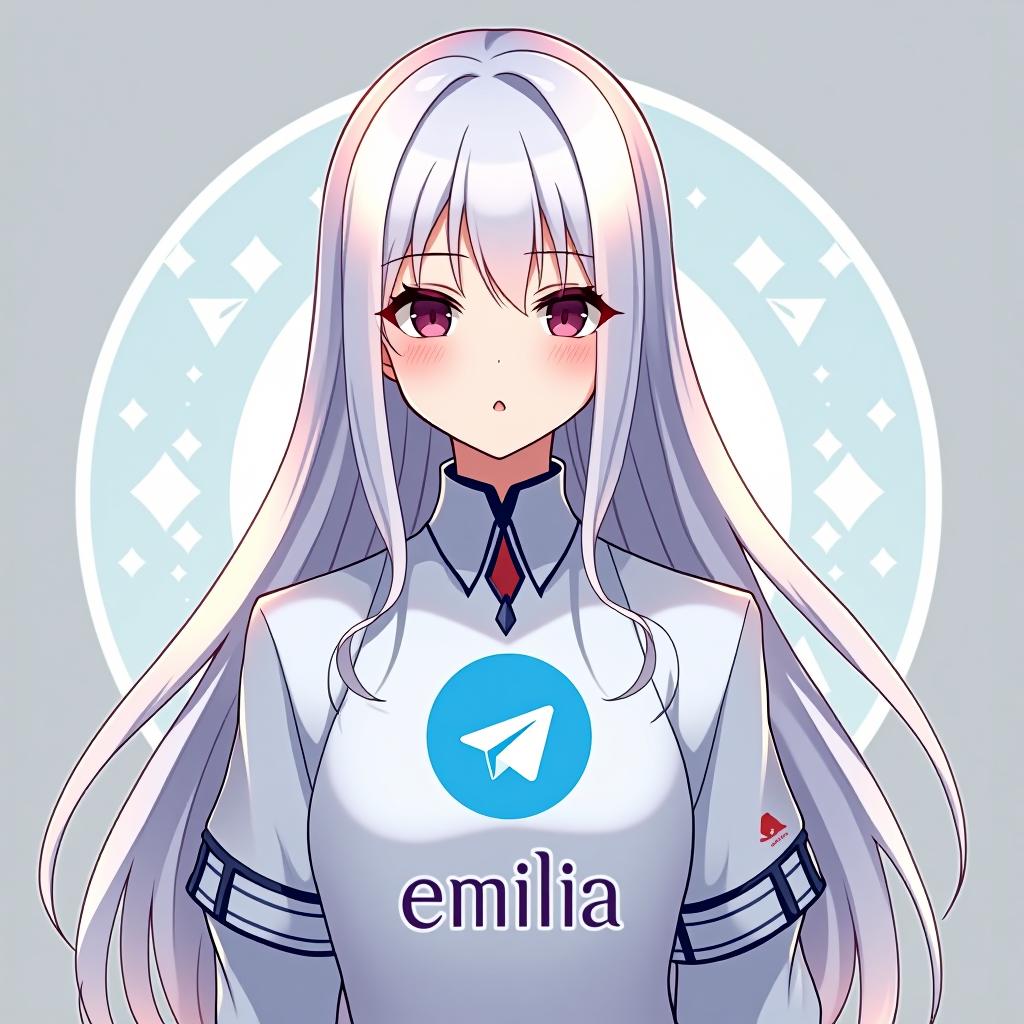  create an image of a character inspired by emilia from re:zero, featuring long white hair and an elegant appearance. the character should be wearing a shirt with the telegram logo, embodying peace and serenity. the design should be background, and include the name 'emilia' in a stylish font