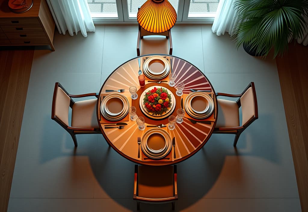  a landscape photo of an overhead view of a dining room table set for a meal, with the surrounding floor showcasing a paint color swatch fan deck arranged to complement the table settings hyperrealistic, full body, detailed clothing, highly detailed, cinematic lighting, stunningly beautiful, intricate, sharp focus, f/1. 8, 85mm, (centered image composition), (professionally color graded), ((bright soft diffused light)), volumetric fog, trending on instagram, trending on tumblr, HDR 4K, 8K