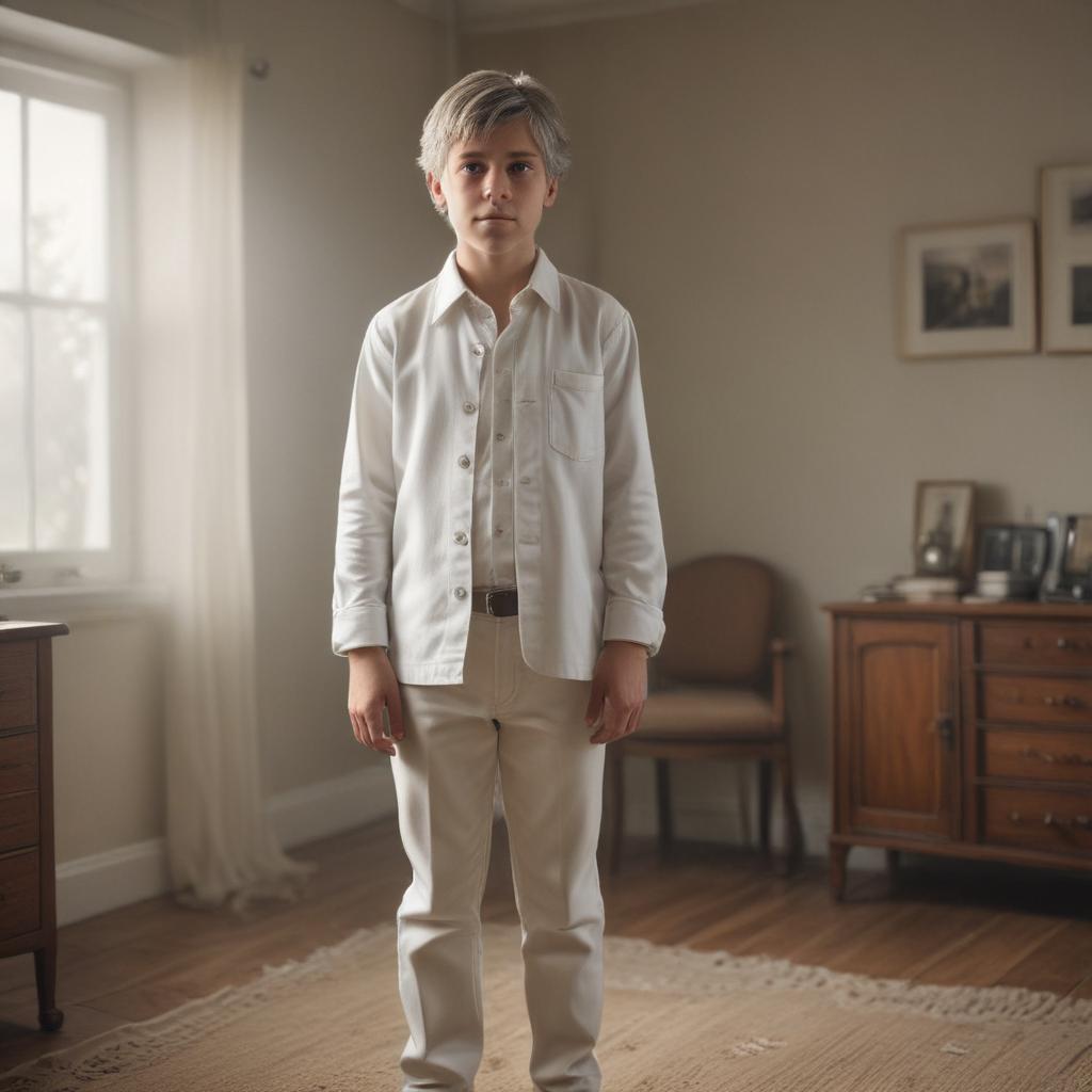 ((masterpiece)),(((best quality))), 8k, high detailed, ultra detailed,A old boy in a room wearing white in 1980,boy,((white )),room,1980 hyperrealistic, full body, detailed clothing, highly detailed, cinematic lighting, stunningly beautiful, intricate, sharp focus, f/1. 8, 85mm, (centered image composition), (professionally color graded), ((bright soft diffused light)), volumetric fog, trending on instagram, trending on tumblr, HDR 4K, 8K