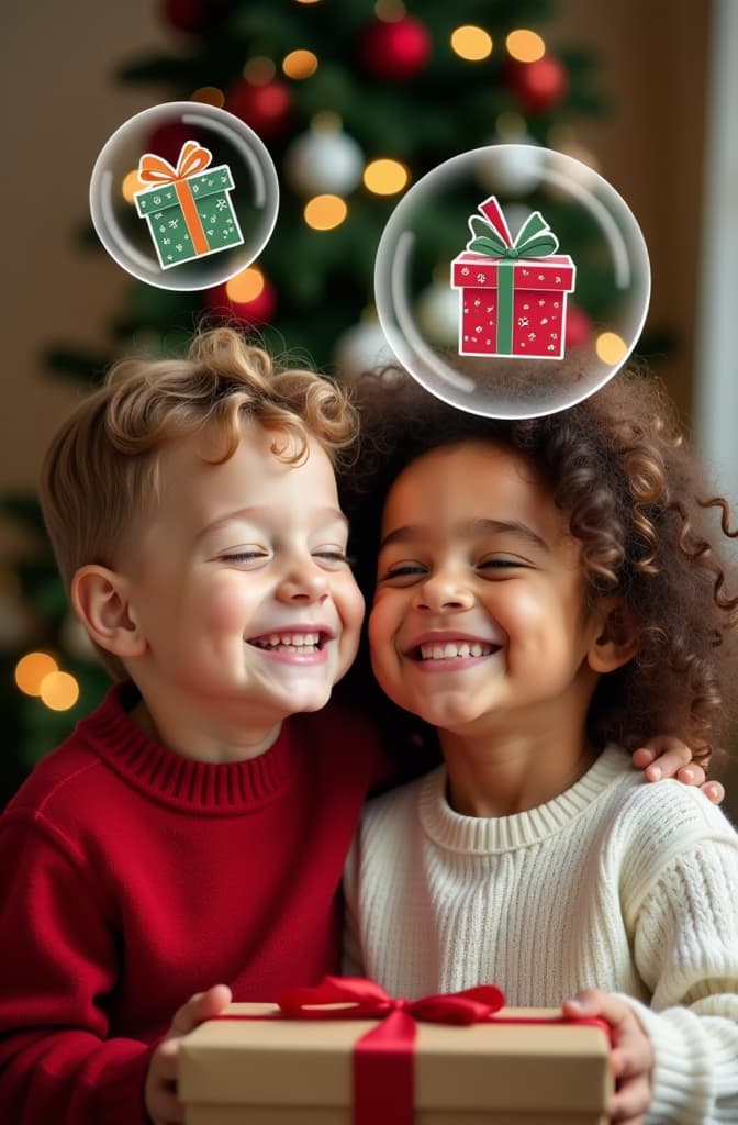  real estate photography style photo portrait of siblings little boy and girl together eyes closed dreaming about gifts, boy and girl smiling, big cartoon drawn circles with gifts inside circles flying around kids head, red wool sweater, white sweater, curly hair, festive christmas background with blurred garland lights ar 2:3 . professional, inviting, well lit, high resolution, property focused, commercial, highly detailed