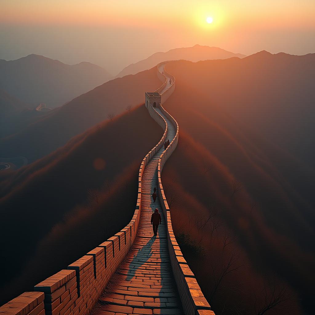  create a high quality, photorealistic image that vividly depicts the following scene: 'a sweeping view of the great wall of china meandering through the rugged terrains, with the setting sun painting it with hues of gold and crimson, amplifying its vastness. a vivid portrayal of the seemingly endless stratum of laborers adorned with dust and grime, working unyieldingly. an up close view of an ancient chronograph depicting over 2000 lunar months, signifying the time span of construction. the environment is dynamic and severe, echoing the unyielding perseverance and devotion of the workers. leica sl2 s, f/5.6, iso 400, 1/300s, 8k, raw, natural lighting, wide angle composition, high contrast, 8k'. the image should: focus on the hyperrealistic, full body, detailed clothing, highly detailed, cinematic lighting, stunningly beautiful, intricate, sharp focus, f/1. 8, 85mm, (centered image composition), (professionally color graded), ((bright soft diffused light)), volumetric fog, trending on instagram, trending on tumblr, HDR 4K, 8K