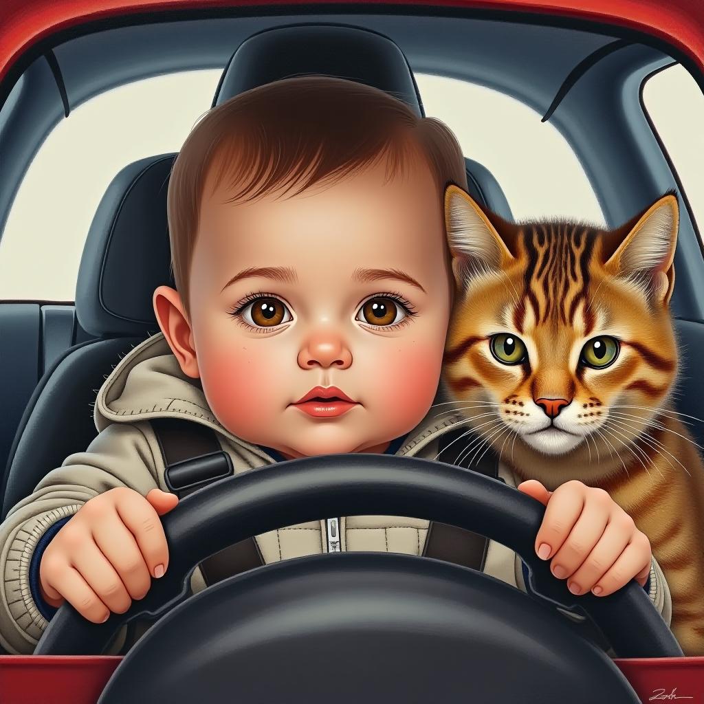  breathtaking the painting is a colored pencil of many details carefully in the style of michelle thomas' card: the face of the baby, with huge brown eyes, brown eyes on the head. he's sitting in a little car for kids behind the wheel. there's a big cat right there. . award winning, professional, highly detailed hyperrealistic, full body, detailed clothing, highly detailed, cinematic lighting, stunningly beautiful, intricate, sharp focus, f/1. 8, 85mm, (centered image composition), (professionally color graded), ((bright soft diffused light)), volumetric fog, trending on instagram, trending on tumblr, HDR 4K, 8K