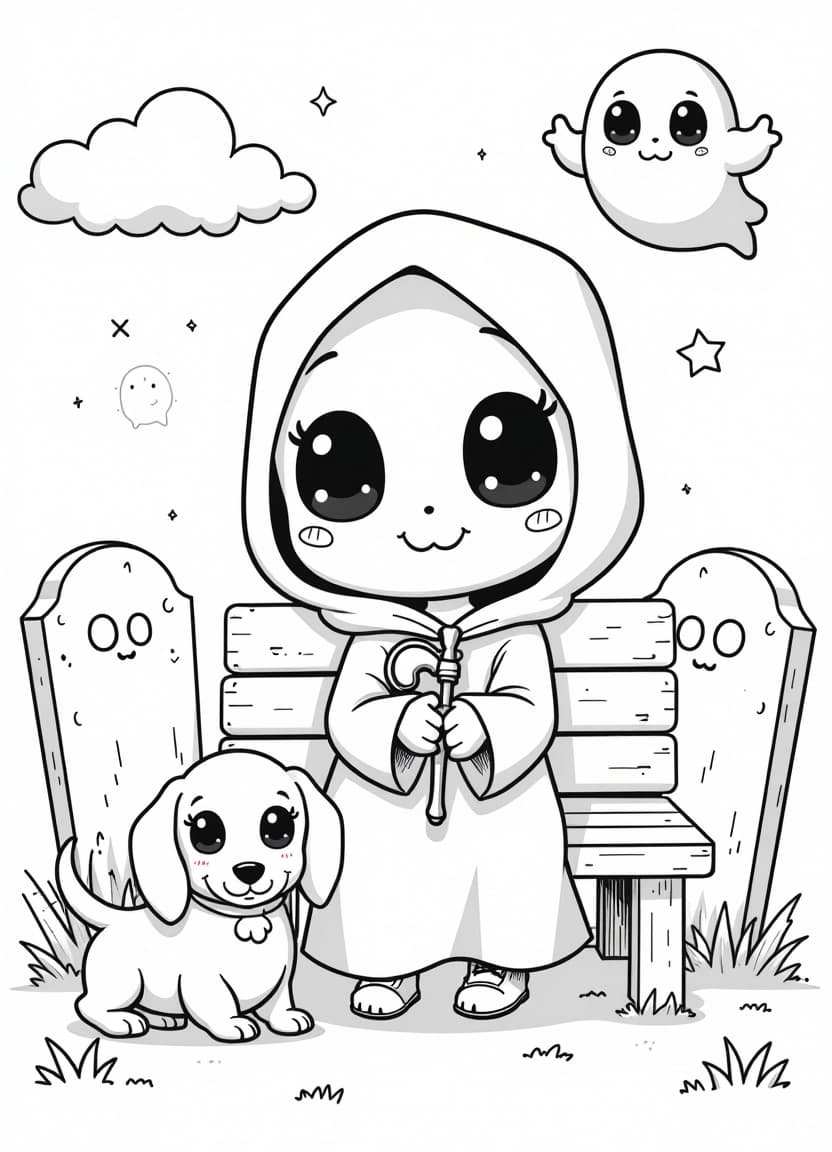  coloring book page a kawaii style grim reaper character sitting on a bench in a peaceful graveyard. the grim reaper is wearing a loose, hooded cloak and holding a small scythe with adorable, rounded edges. the character has large, expressive eyes and a calm, gentle smile, with a peaceful vibe. next to the grim reaper is a kawaii style dachshund. in the background, there are soft edged tombstones with friendly skull designs and floating, smiling ghosts with rounded shapes. the sky features stars and small twinkling lights. the overall scene should feel cozy and cute, with clean lines perfect for a coloring page., high quality, high details, hd, perfect composition, 4k epic detailed, highly detailed, sharp focus, high resolution