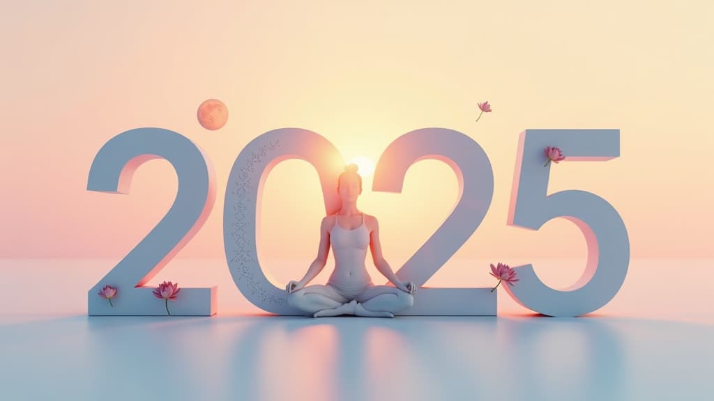  the number '2025' written in a font that imitates the silhouette of a person doing yoga. the background is pastel colors, creating a feeling of calm and harmony. next to the number are small elements symbolizing meditation and a healthy lifestyle: lotus, sun, moon. new year's theme {prompt}, maximum details