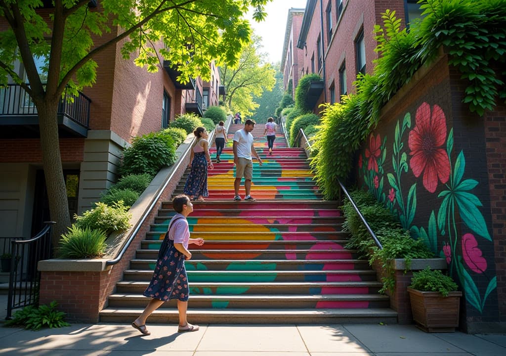  a vibrant scene showcasing the redway road staircase, adorned with colorful murals and surrounded by lush greenery, with locals using the staircase, engaging with art installations, and enjoying the nearby parks, all capturing the essence of community and creativity in toronto. hyperrealistic, full body, detailed clothing, highly detailed, cinematic lighting, stunningly beautiful, intricate, sharp focus, f/1. 8, 85mm, (centered image composition), (professionally color graded), ((bright soft diffused light)), volumetric fog, trending on instagram, trending on tumblr, HDR 4K, 8K