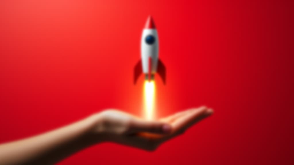  a rocket launch from an open hand isolated on a red background. representing the concept of business startup and product launch.