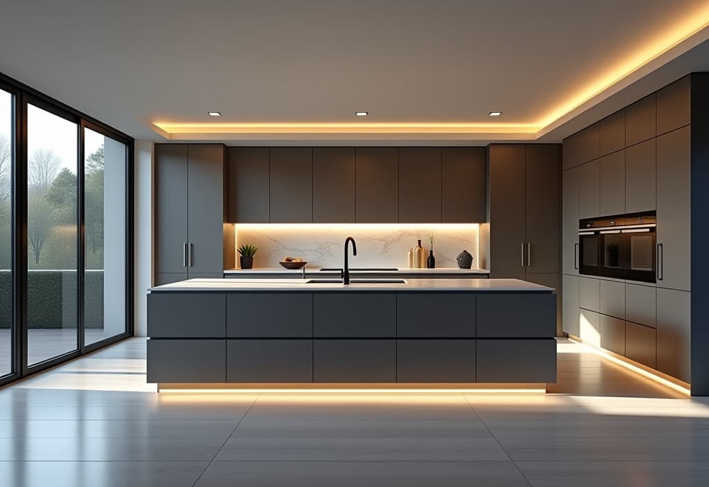  a landscape photo of an open concept contemporary kitchen with a monochromatic color scheme, featuring handleless cabinets, integrated appliances, and a dramatic backlit marble backsplash hyperrealistic, full body, detailed clothing, highly detailed, cinematic lighting, stunningly beautiful, intricate, sharp focus, f/1. 8, 85mm, (centered image composition), (professionally color graded), ((bright soft diffused light)), volumetric fog, trending on instagram, trending on tumblr, HDR 4K, 8K