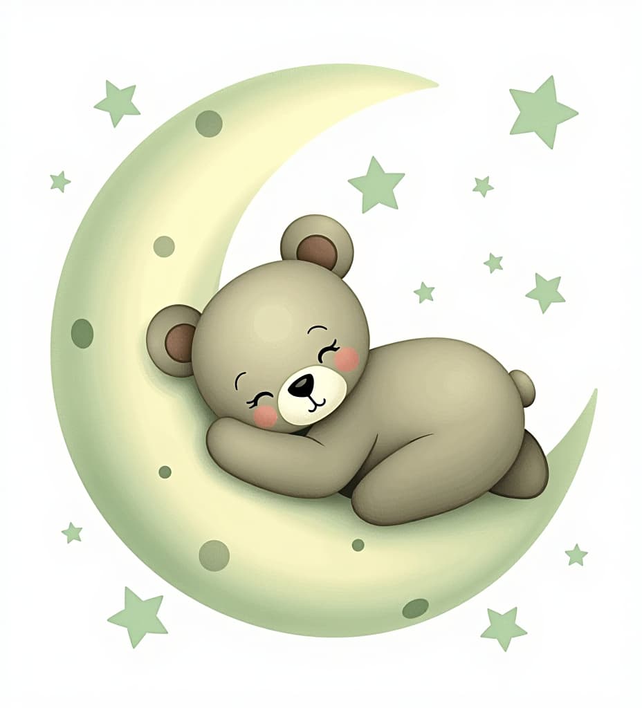  cute teddy bear sleeping on moon, make the moon sage green and background white with sage green stars