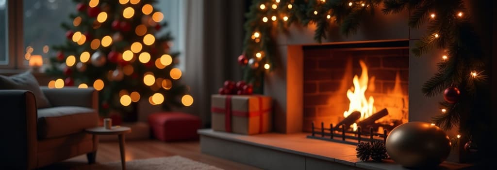  professional detailed photography, christmas fireplace on festive blurred bokeh background. ar 3:1, (muted colors, dim colors, soothing tones), (vsco:0.3)