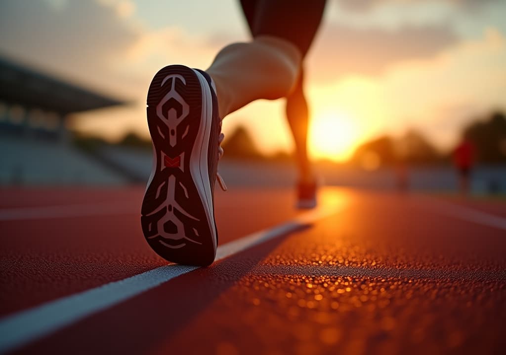  focus on running shoes of athletic runner training in stadium at sunset, preparing for sports competition, olympic games