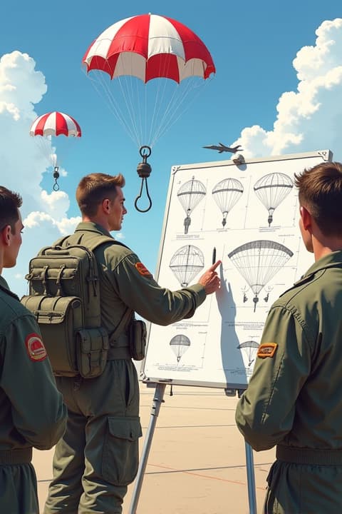  a highly detailed illustration of an air force instructor demonstrating parachute techniques to a group of cadets on a bright sunny day. the scene captures the instructor in a crisp military uniform with a parachute gear, showcasing various parachute designs and engineering diagrams on a large whiteboard. the background features an air force base with fighter jets on the runway and a clear blue sky. the cadets, wearing flight suits, are attentively watching and taking notes, surrounded by the excitement of aviation and engineering knowledge.