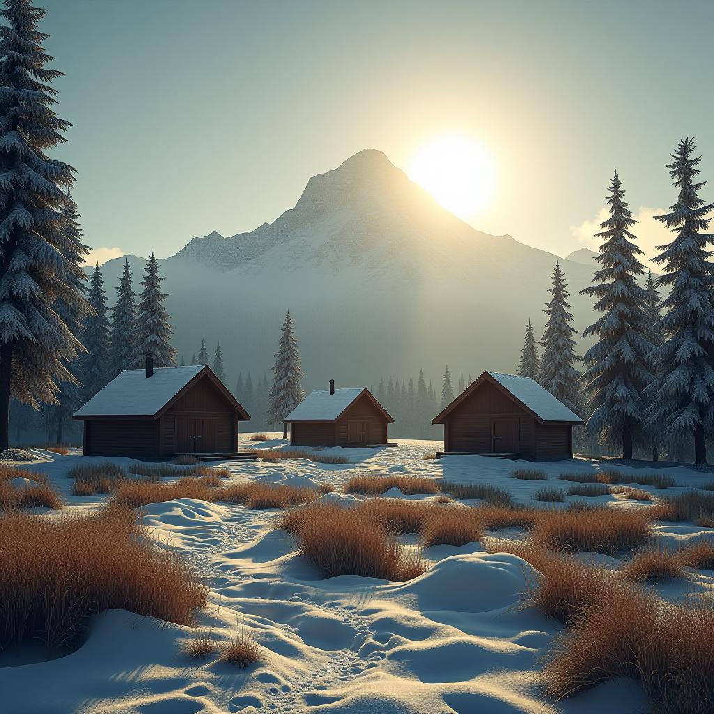  please provide a picture of a landscape with three cabins, a sun, and a snowy mountain. hyperrealistic, full body, detailed clothing, highly detailed, cinematic lighting, stunningly beautiful, intricate, sharp focus, f/1. 8, 85mm, (centered image composition), (professionally color graded), ((bright soft diffused light)), volumetric fog, trending on instagram, trending on tumblr, HDR 4K, 8K