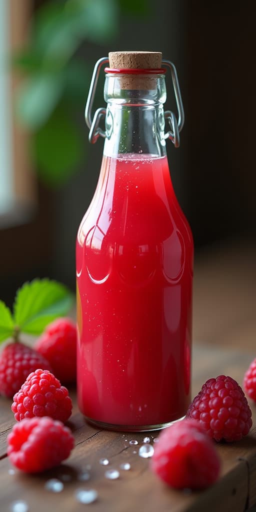  sweet homemade bottle raspberry gleep, high quality, high details, hd, perfect composition, 4k epic detailed, highly detailed, sharp focus, high resolution