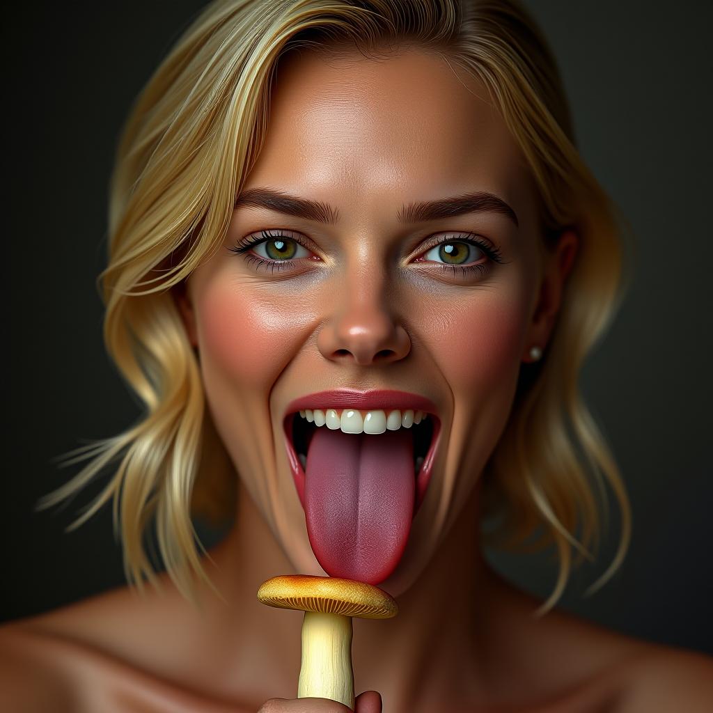  beautiful scarlett johansson sticking her large flat tongue fully out, covered in sweat, holding a tan colored cylinder with a mushroom at the end, award winning, professional, highly detailed, masterpiece