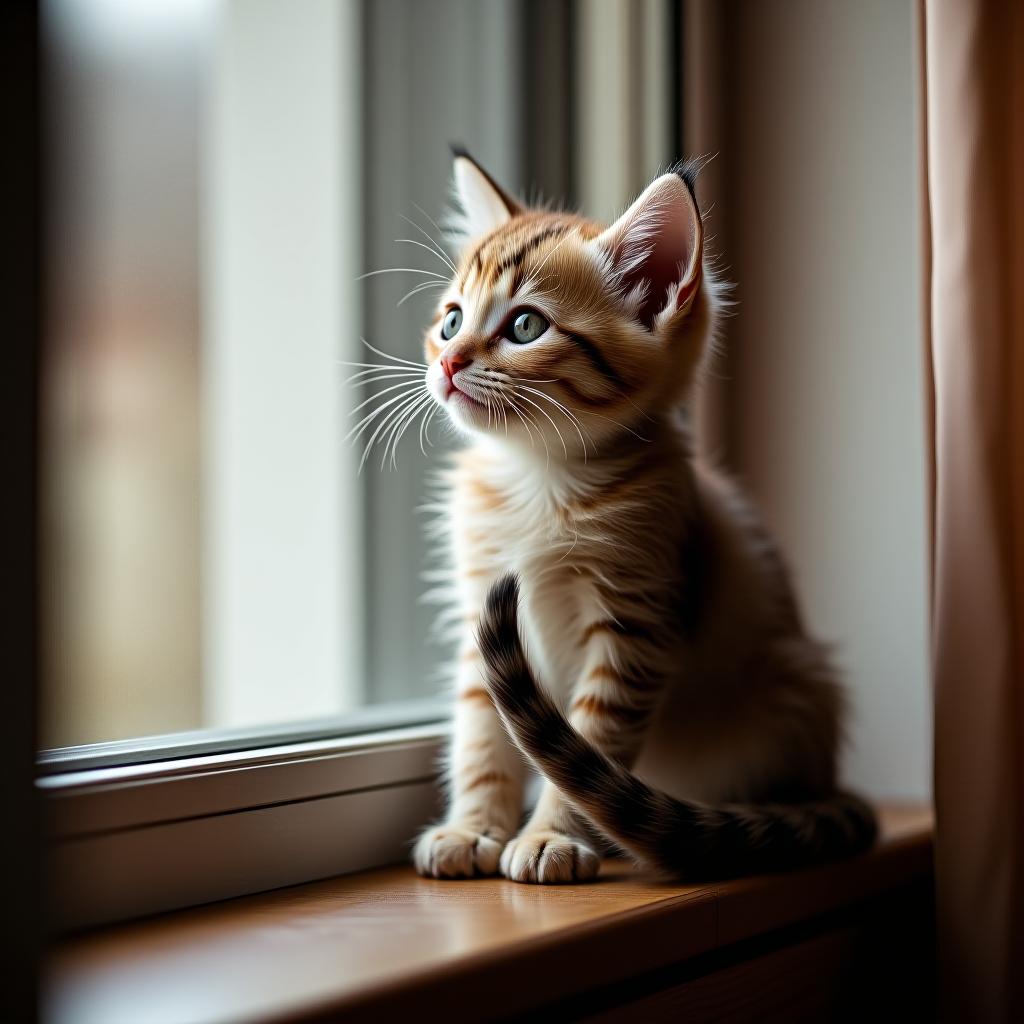  the little kitten is sitting on the window.