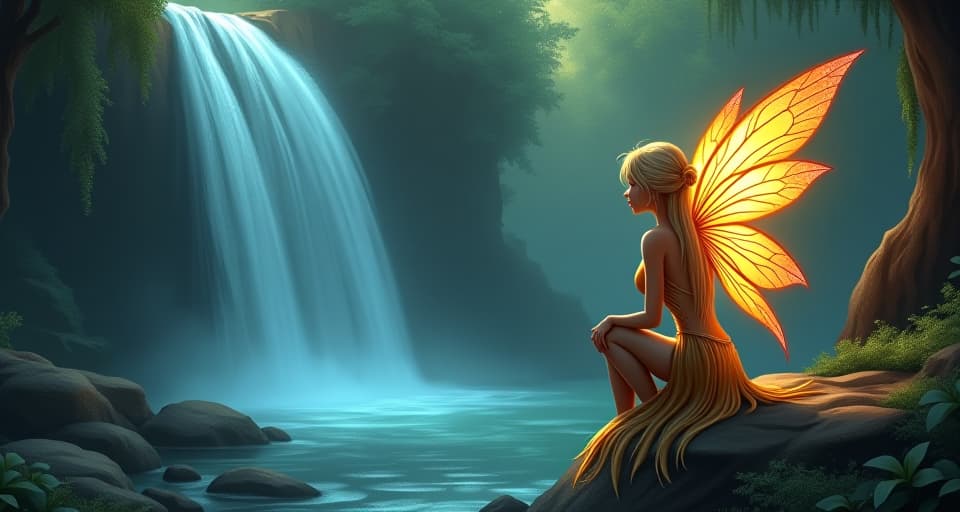  a radiant fairy with sparkling wings, gazing thoughtfully at a magical waterfall in an enchanted forest. surrounded by mysterious glow, peaceful acceptance, ready for transformation.. the style is digital art illustration,highly detailed, whimsical,magical, dreamlike atmosphere, realism and fantasy blend, smooth, glossy textures,luminous quality, wonder and enchantment.