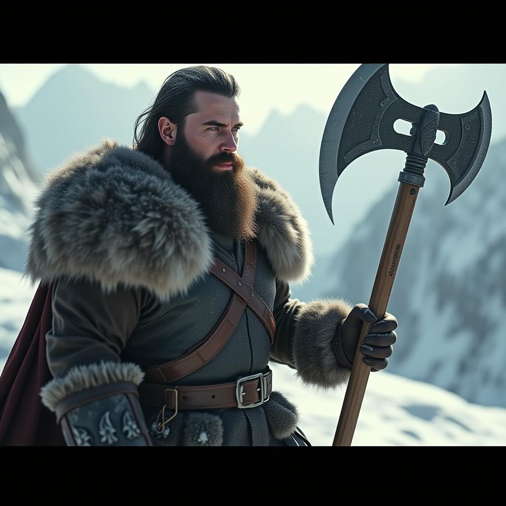  create a highly 8k realistic close up render of a dark haired, bearded male barbarian standing on a snowy mountaintop, wielding a massive spiky axe. the barbarian should have a rugged, muscular build, with his hair and beard slightly frosted from the cold. his fur lined armor should be detailed, with visible textures of worn leather and metal, appropriate for a warrior in harsh, icy conditions. the scene should be styled as if filmed in the 1950s with super panavision 70, featuring a widescreen aspect ratio, deep contrasts, and dramatic, cinematic lighting. the snowy landscape should be vast and majestic, with towering, jagged peaks and swirling snow, evoking an epic, larger than life atmosphere. add a subtle vintage effect, with light film