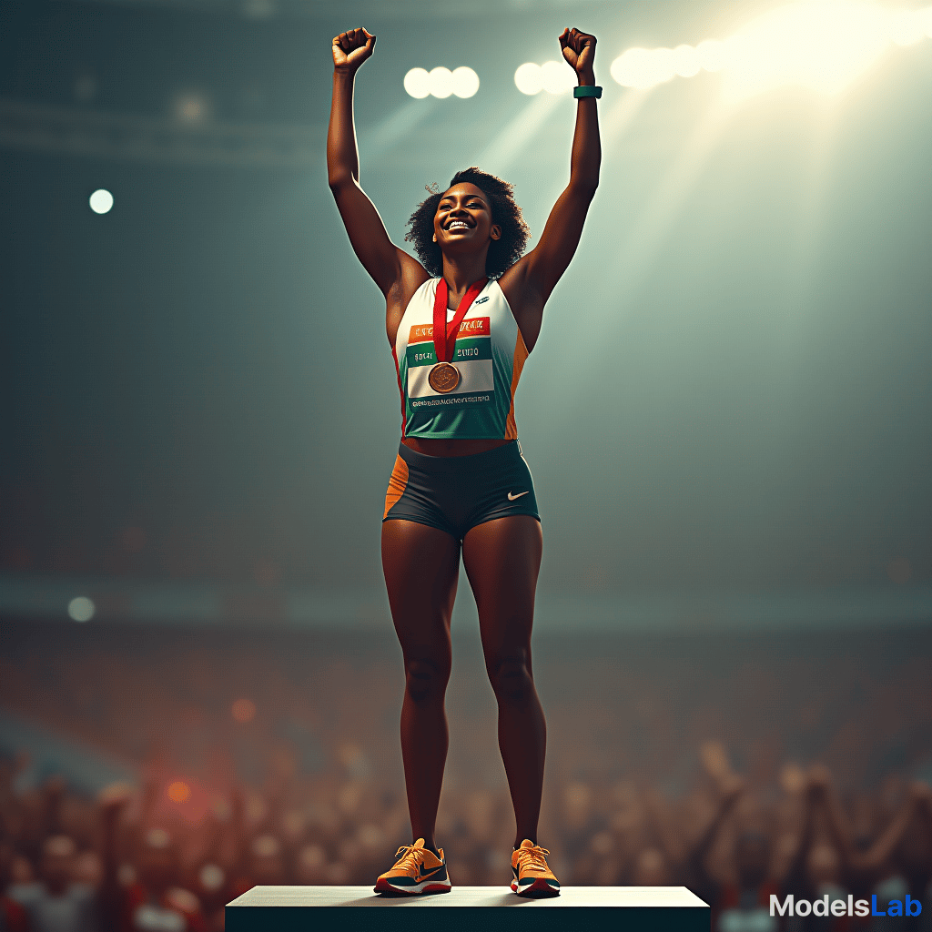  create a picture of a happy female athlete, african type, standing proudly on a podium with a medal around her neck. the audience cheers in the background while the athlete in the center of the image raises her arms in a victory pose. the scene was intended to reflect energy, pride and the moment of triumph. hyperrealistic, full body, detailed clothing, highly detailed, cinematic lighting, stunningly beautiful, intricate, sharp focus, f/1. 8, 85mm, (centered image composition), (professionally color graded), ((bright soft diffused light)), volumetric fog, trending on instagram, trending on tumblr, HDR 4K, 8K