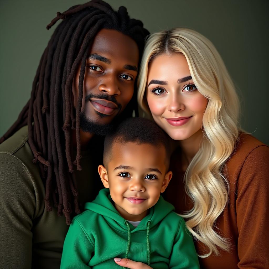  make an image of a blonde white woman and a black man with long dreads and their mixed son wearing green