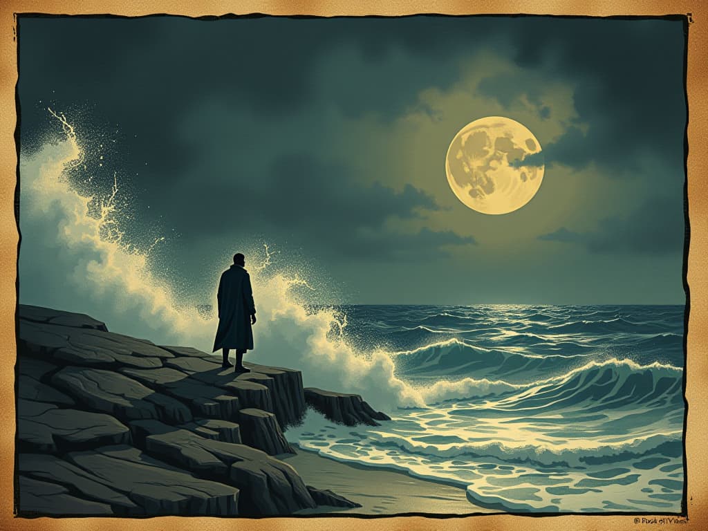  a lone figure standing at the edge of a stormy sea, waves crashing violently, dark skies overhead, sense of determination and challenge. an illustration in the style of a worn, mystical old tarot trump card, mysterious and elements of surrealism. the colors are muted, somber and eerie, but with contrast bring out an occult and esoteric vibe.