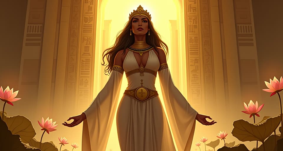  hieroglyphs of rebirth glowing in golden light, a large busted priestess in a tight white robe, lotus flowers blossoming around, radiant, inspirational.. the style is digital art illustration / modern comic book / mysterious occult, symbolic, esoteric vibe,high detail on character design, incorporating ancient egyptian symbology and attire.